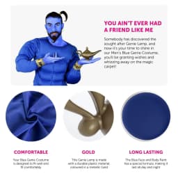 Men's Blue Genie Costume - Blue Muscle Chest, Gold Genie Lamp and Blue Face Paint - Perfect for World Book Day/ Book Week