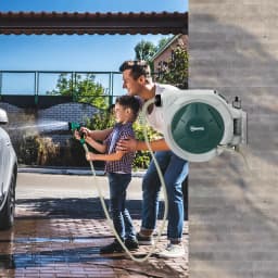 Retractable Hose Reel Wall Mounted with Lock, Auto Rewind, Grey