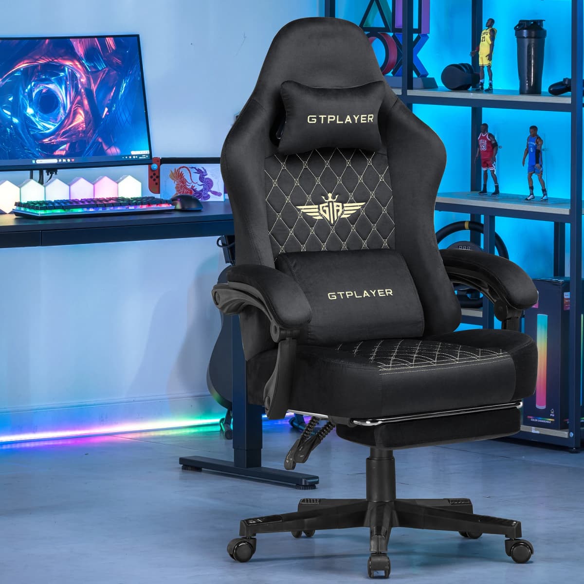 GTPLAYER Fabric Gaming Chair, Ergonomic Computer Chair with Footrest and Lumbar Support Height Adjustable Home Office Chair with