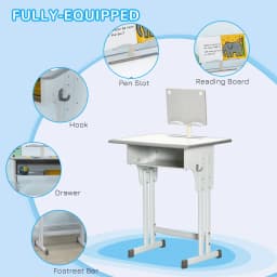 HOMCOM Kids Desk and Chair Set Adjustable Height Study Table Set with Drawer, Book Stand, Pen Slot