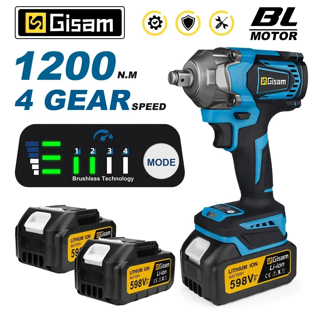 Gisam 1200N.M Torque Brushless Electric Impact Wrench 1/2 Inch Cordless Wrench Screwdriver Power Tool For Makita 18V Battery Pin