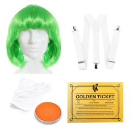 Ladies Chocolate Factory Worker Accessory Set - Green Wig, White Gloves, Braces, Face Paint & Golden Ticket - World Book Day