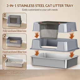 Stainless Steel Cat Litter Tray with Lid, XXXL Enclosed Removable Metal Cat Litter Box, 70 x 50 x 45 cm, 105° Foldable Lid