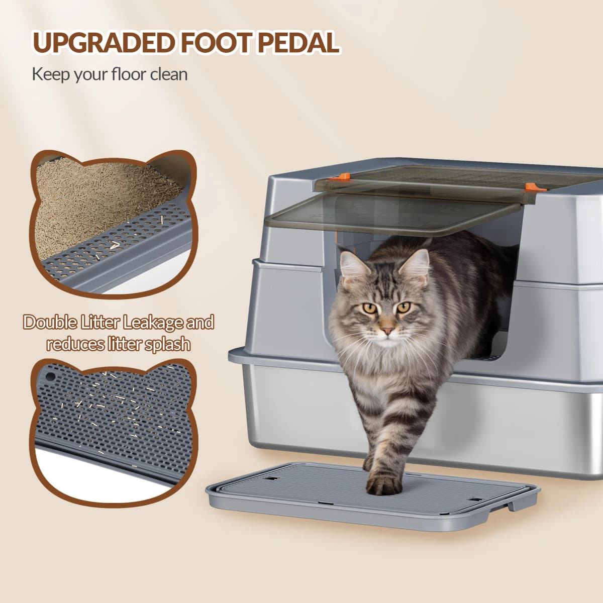 Stainless Steel Cat Litter Tray with Lid, XXXL Enclosed Removable Metal Cat Litter Box, 70 x 50 x 45 cm, 105° Foldable Lid