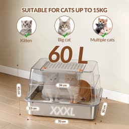 Stainless Steel Cat Litter Tray with Lid, XXXL Enclosed Removable Metal Cat Litter Box, 70 x 50 x 45 cm, 105° Foldable Lid