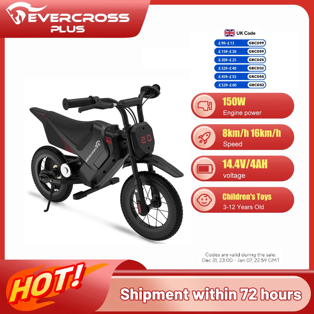 EVERCROSS PLUS Electric Dirt Bike for Kids, 150W, Adjustable Speed 8/16 Km/h, Up to 10 km Range, 12-Inch Motocross for Kids 3-12