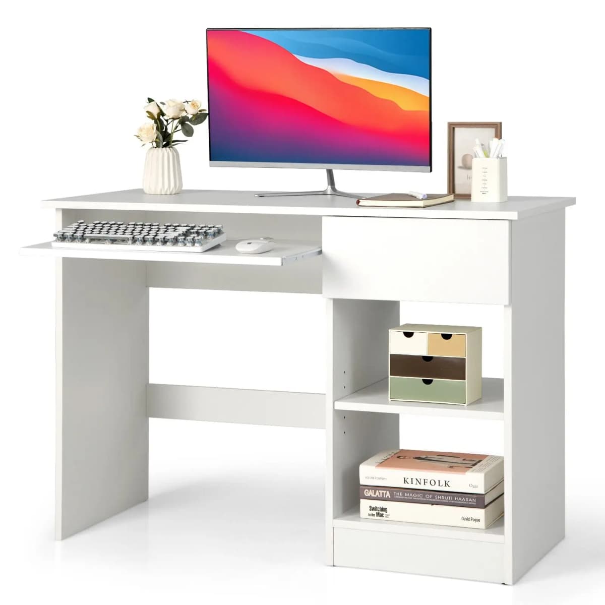 GOFLAME Modern Computer Desk Workstation PC Laptop Table w/  Keyboard Tray & Drawer