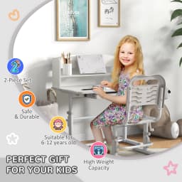 ZONEKIZ Kids Desk and Chair Set Height Adjustable for Ages 6-12 Years Grey
