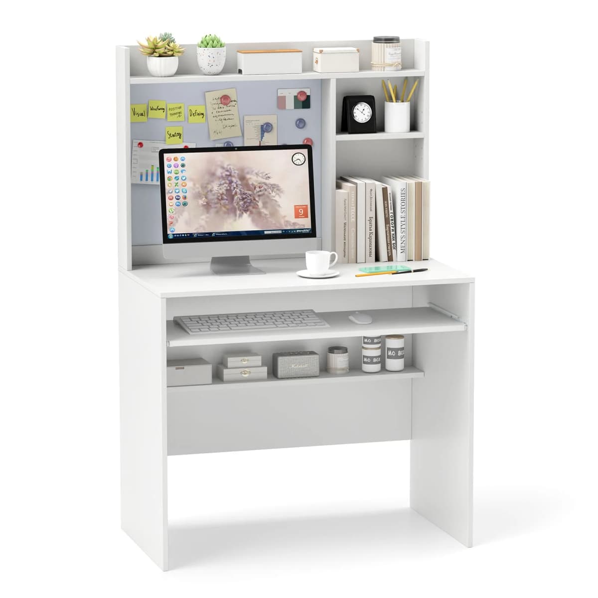 GOFLAME Computer Desk Home Office Writing Table w/Magnetic Bulletin Board-White