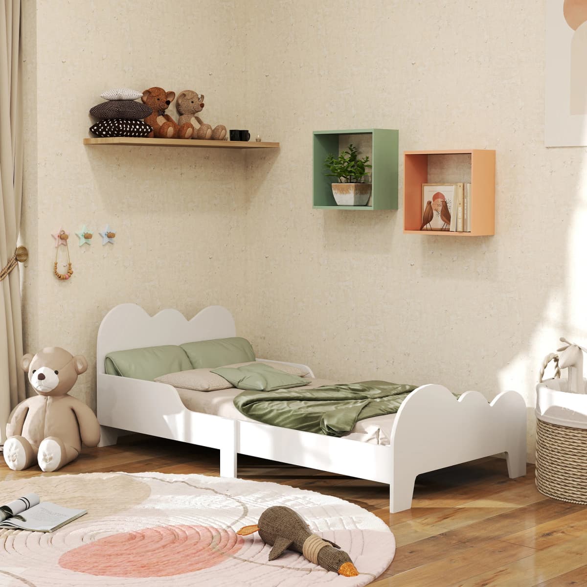 AIYAPLAY Toddler Bed, Cloud-Themed Kids Bed Frame with Safety Rails, Kids Bedroom Furniture, for Ages 3-8 Years, White