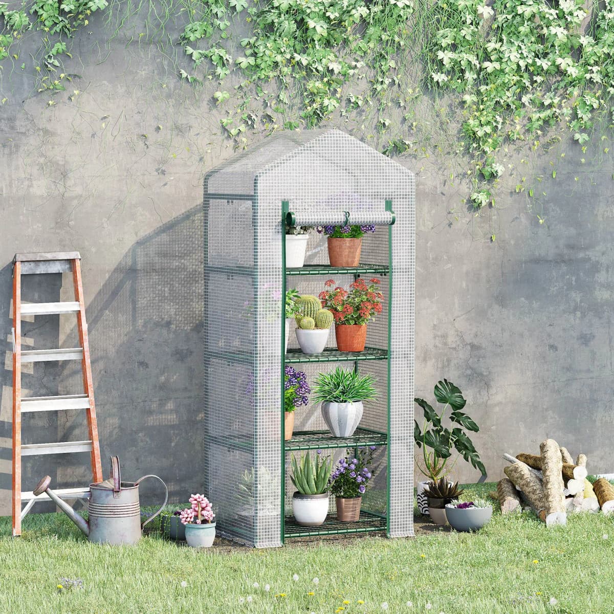 4-Tier Portable Greenhouse Plant Shed with Pe Cover Roll-Up Door, White