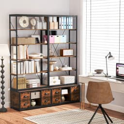 GOFLAME 8-tier Bookshelf Freestanding Bookcase with Storage & Drawers-Brown