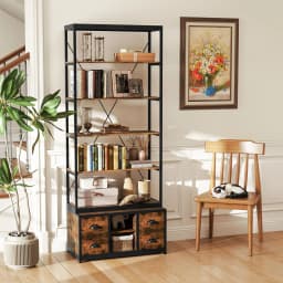 GOFLAME 8-tier Bookshelf Freestanding Bookcase with Storage & Drawers-Brown