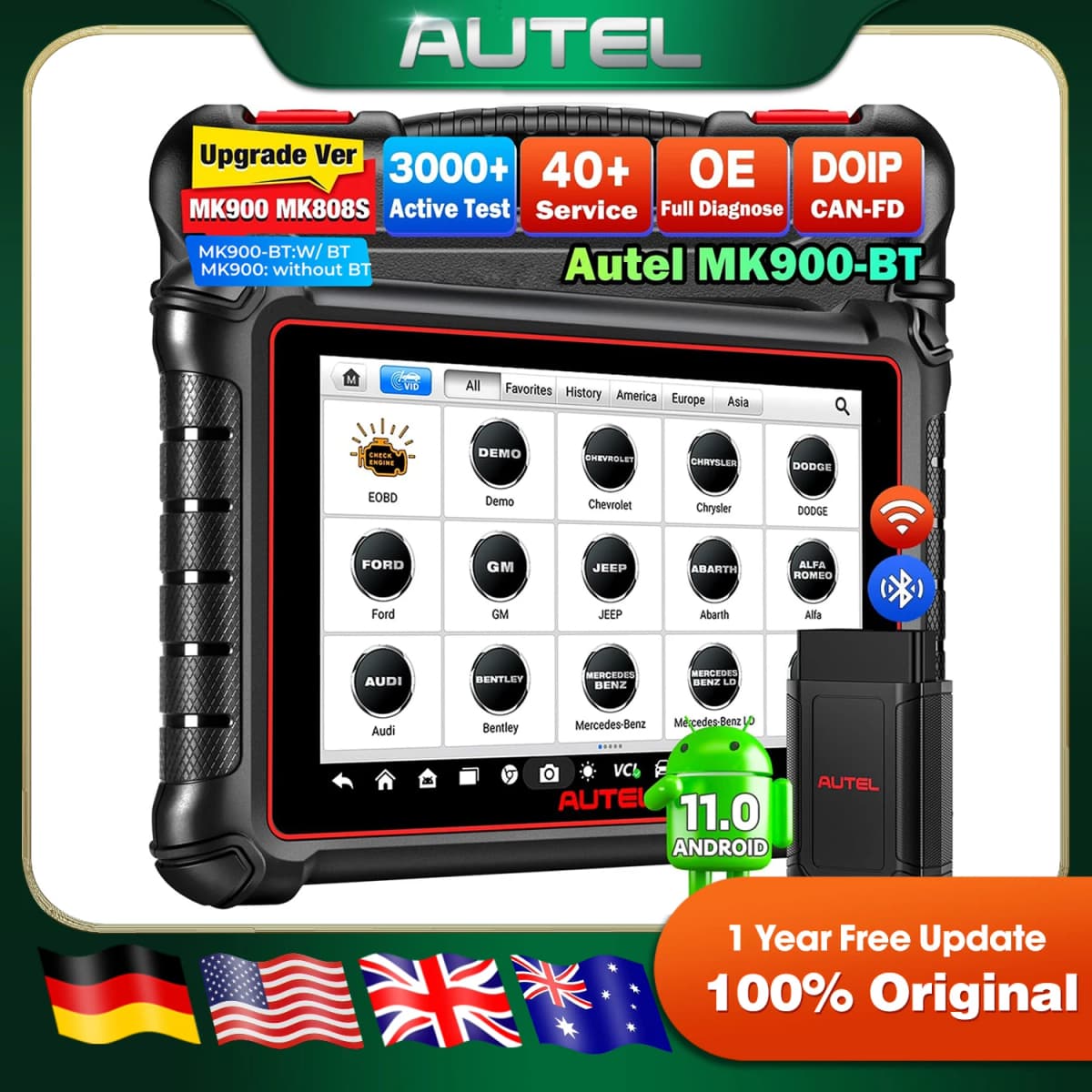 Autel MaxiCOM MK900BT Car Bidirectional Diagnostic Tools OBD2 Scanner 40+ Service 3K+ Active Tests All Sys FCA 33ft BT Ver. of MK900 MX900 MK808S MK808BT PRO MX808S MK808Z 40+ Service 3K+ Active Tests DOIP CANFD All System FCA