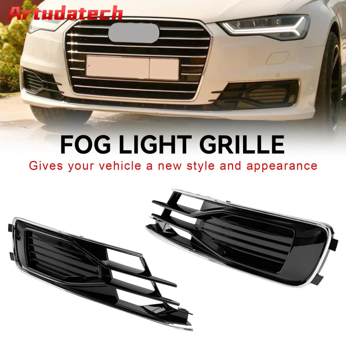Artudatech 2PCS Front Bumper Foglight Cover Grill Fit for Audi A6 C7 2014-2018 Black Chrome