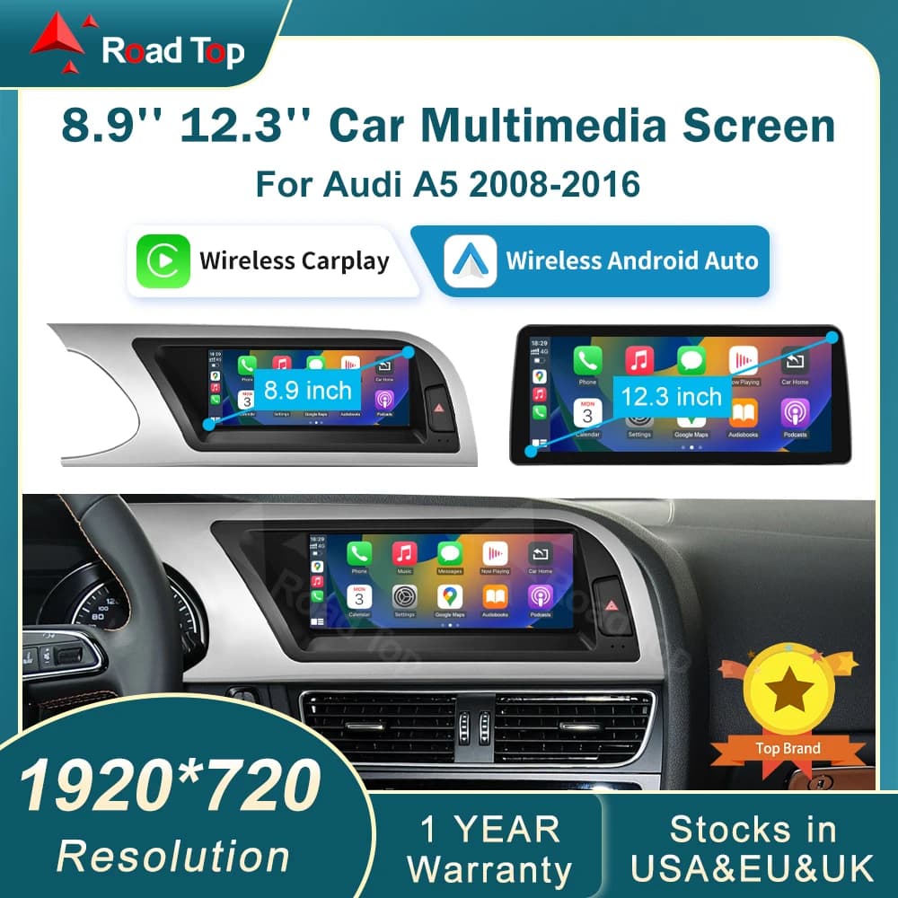 12.3 inch Wireless CarPlay Multimedia Screen Android Auto For Audi A5 2008-2016 Airplay Autolink