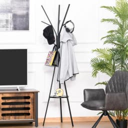 HOMCOM 180cm Free Standing Coat Rack Metal Shelf Holder Stand Hat Hanger Black