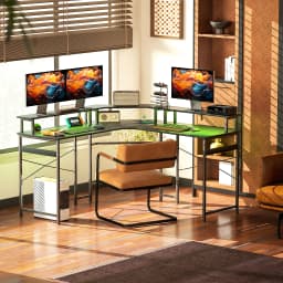 HOMCOM L Shaped Desk Corner Computer Desk with Monitor Stand, Black