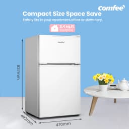 COMFEE' 87L Under Counter Fridge Freezer with LED Light, Removable Shelves, Adjustable Thermostats and Legs, White&Black