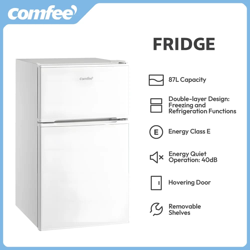 COMFEE' 87L Under Counter Fridge Freezer with LED Light, Removable Shelves, Adjustable Thermostats and Legs, White&Black