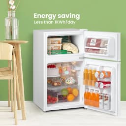 COMFEE' 87L Under Counter Fridge Freezer with LED Light, Removable Shelves, Adjustable Thermostats and Legs, White&Black