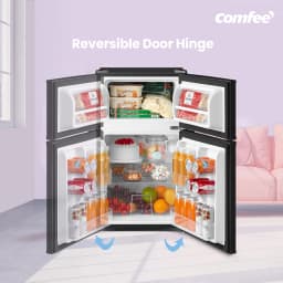 COMFEE' 87L Under Counter Fridge Freezer with LED Light, Removable Shelves, Adjustable Thermostats and Legs, White&Black
