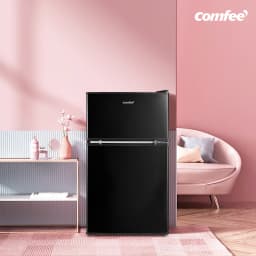 COMFEE' 87L Under Counter Fridge Freezer with LED Light, Removable Shelves, Adjustable Thermostats and Legs, White&Black