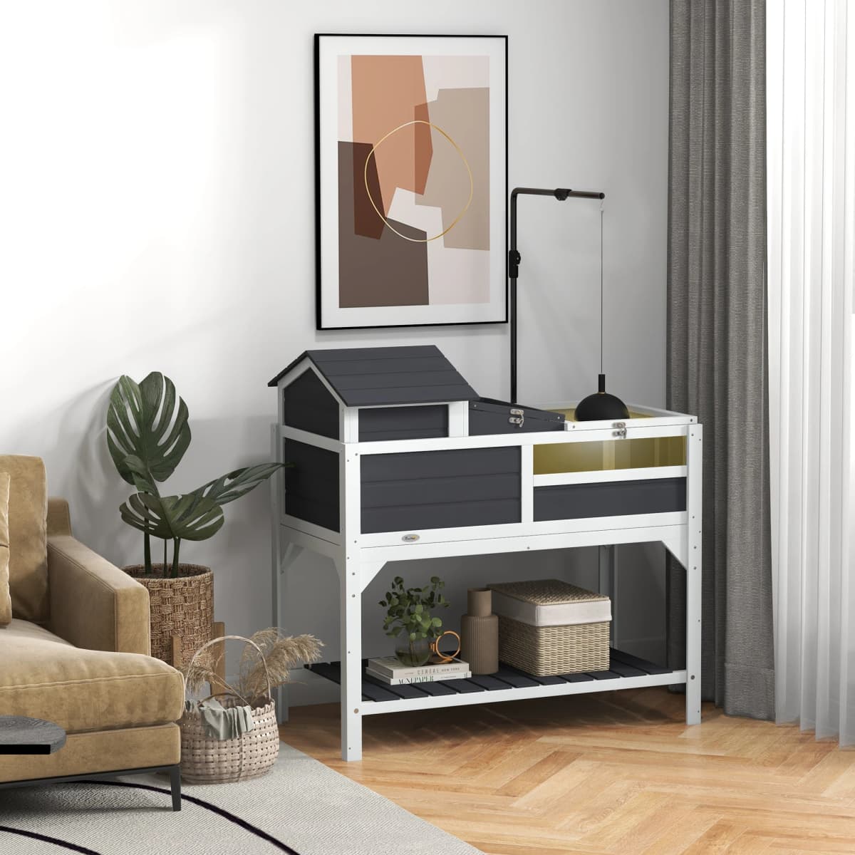 PawHut Tortoise House w/ Adjustable Lamp Holder, Openable Lid, Storage Shelf