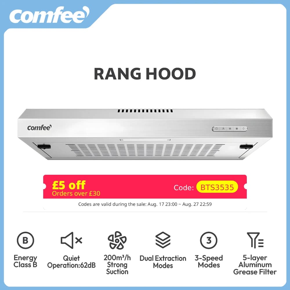 COMFEE' 60cm Visor Cooker Hood Extractor Hood Under Cabinet Hood Wall Mounted Extractor Fan 600 mm Top Vented Range Hood