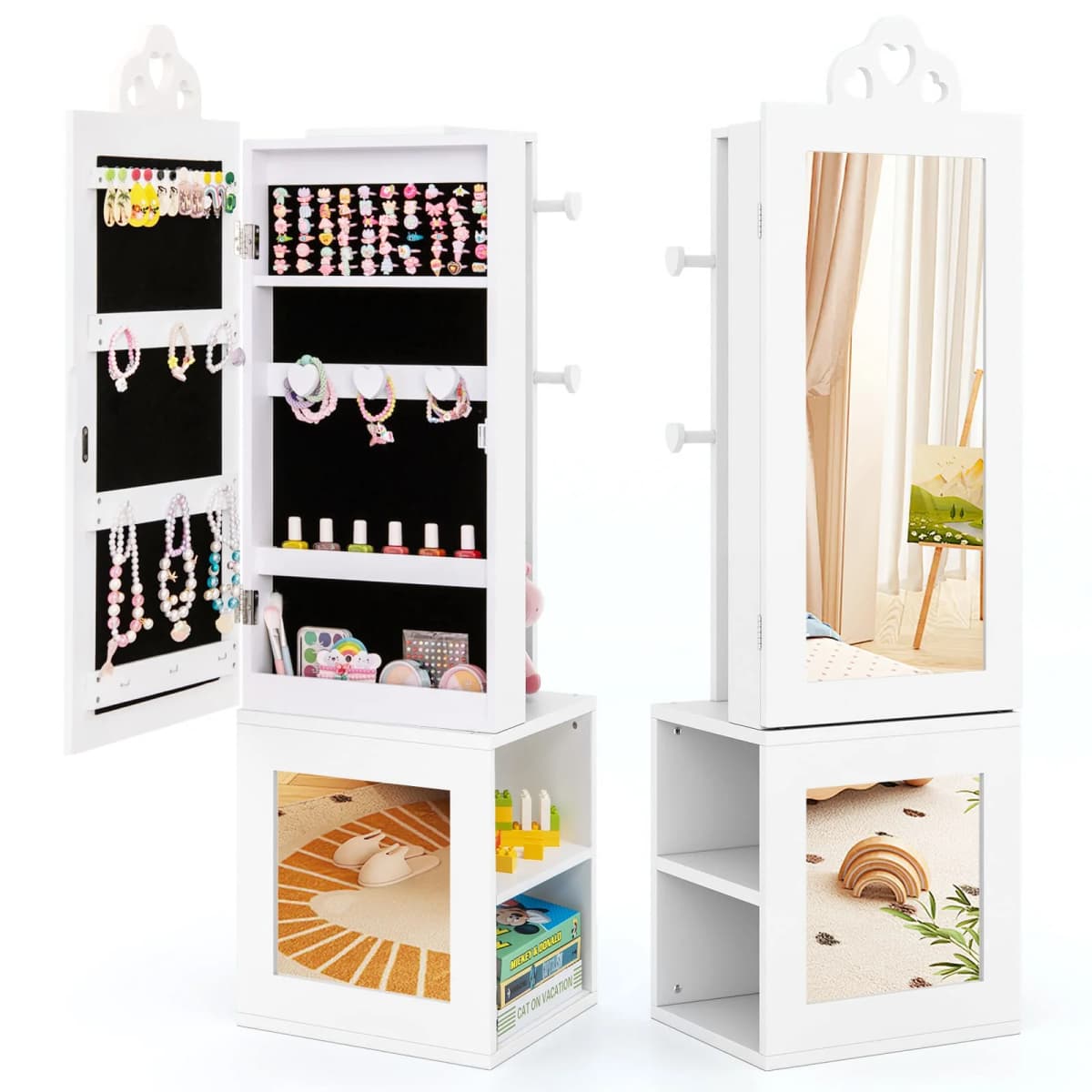 GOFLAME Kids Jewelry Armoire 3-in-1 Jewelry Storage Organizer w/Mirror-White