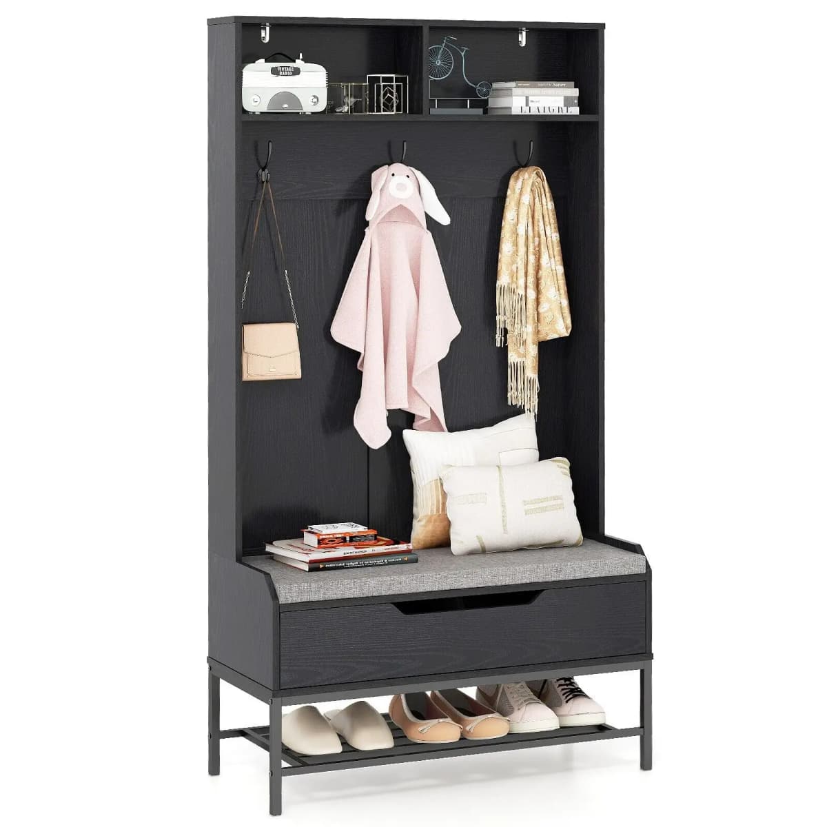 GOFLAME 170cm Tall Hall Tree 4-in-1 Coat Rack Freestanding Entryway Bench