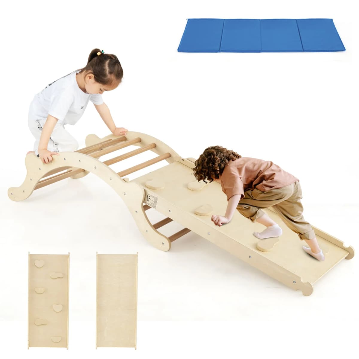 DORTALA 3-In-1 Wooden Climber Toddler Climber Arch w/Soft Mat & Reversible Ramp for Climbing & Sliding Multicolor/Natural