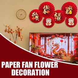 6PCS Chinese New Years Paper Fans Lunar New Year Decorations 2025 Chinese New Year Wall Decor Paper fan flower decoration