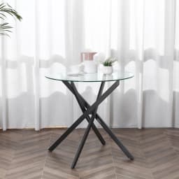 HOMCOM Clear Glass Side Table Round Metal Dining Table Dining Living Room Black