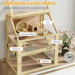 PawHut Wooden Hamster Cage, 3 Tier Gerbil Cage with Detachable 32cm Deep Bottom, Hut, Seesaw,Ramps Natural Wood Finish