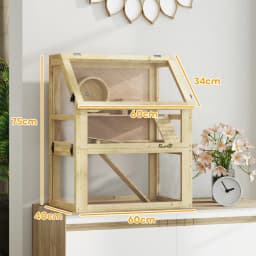 PawHut Wooden Hamster Cage, 3 Tier Gerbil Cage with Detachable 32cm Deep Bottom, Hut, Seesaw,Ramps Natural Wood Finish