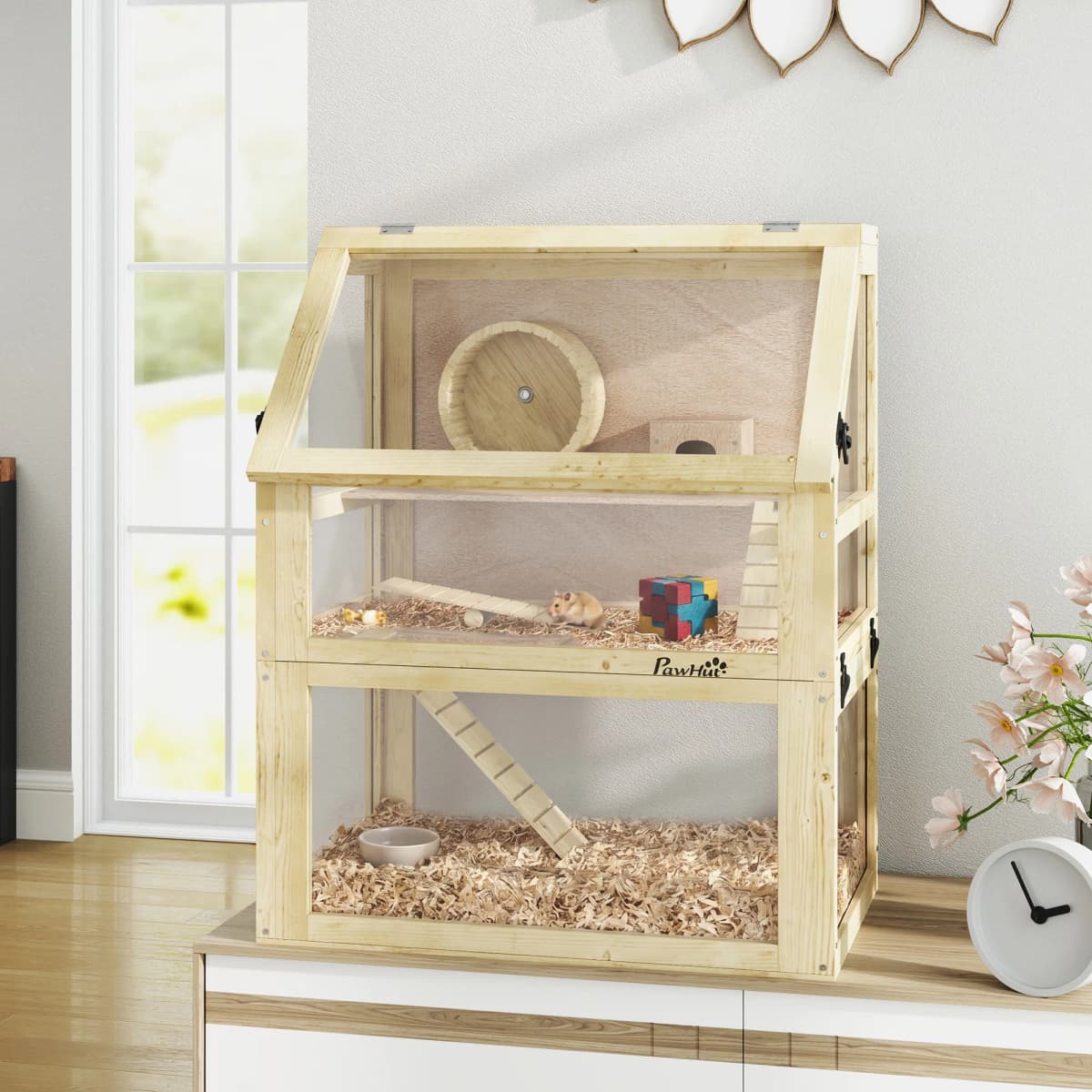 PawHut Wooden Hamster Cage, 3 Tier Gerbil Cage with Detachable 32cm Deep Bottom, Hut, Seesaw,Ramps Natural Wood Finish