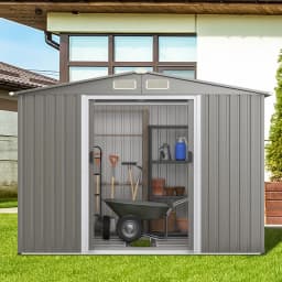 GOFLAME 8x6FT Outdoor Storage Shed Galvanized Steel Shed w/Lockable Sliding Door