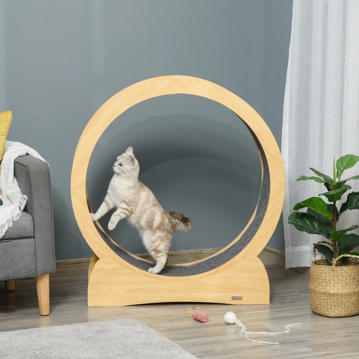 PawHut Cat Treadmill, 30" Wooden Cat Running Wheel with Brake, Natural