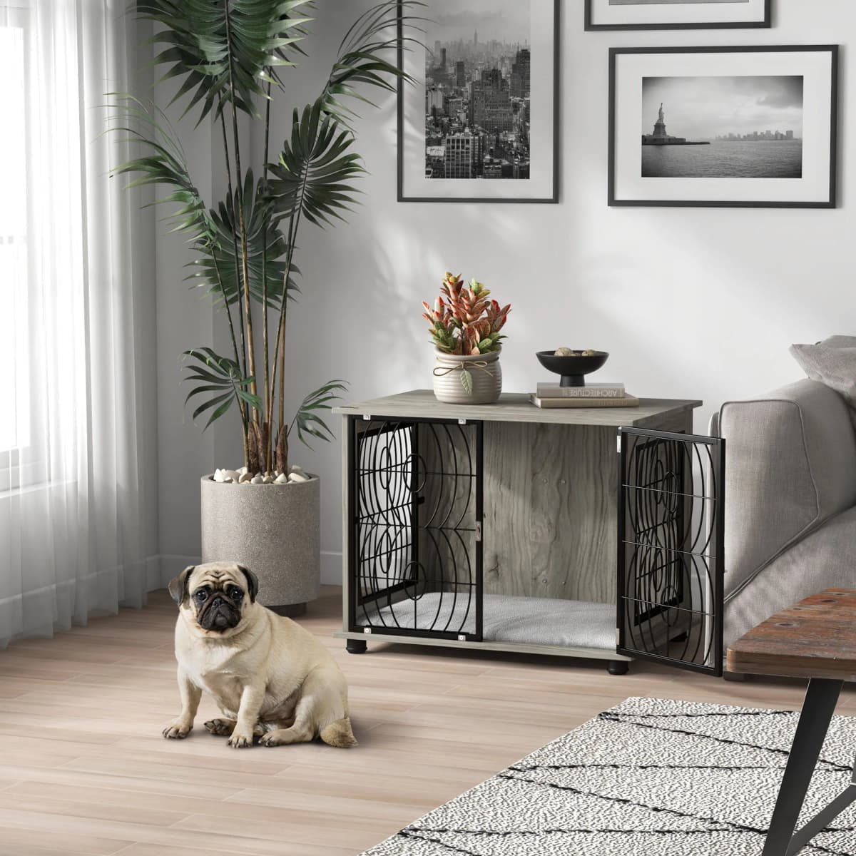 PawHut Dog Crate Furniture End Table w/ Cushion for Dogs
