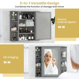 GOFLAME 3 Tier Mirrored Bathroom Cabinet Wall Mount Storage Cupboard W/ Display Shelves