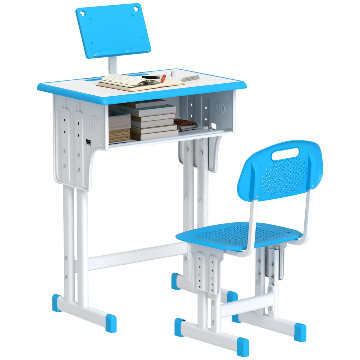 HOMCOM Kids Desk and Chair Set Adjustable Height Drawer Book Stand Blue
