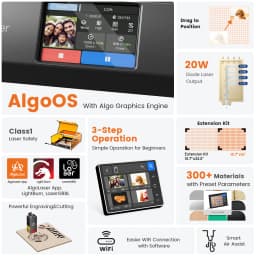 40x40CM/40X85CM 20W AlgoLaser Alpha MK2 with Air Pump/Rotary Chuck/Honeycomb Working Table/Raiser/10 pcs Marking Paper Optional