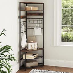 GOFLAME Corner Hall Tree Hallway 5-Tier Coat Rack w/Shoe Storage Bench-Coffee