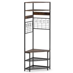 GOFLAME Corner Hall Tree Hallway 5-Tier Coat Rack w/Shoe Storage Bench-Coffee