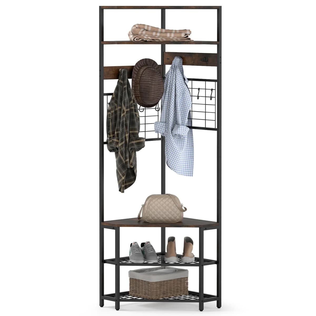 GOFLAME Corner Hall Tree Hallway 5-Tier Coat Rack w/Shoe Storage Bench-Coffee