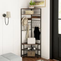 GOFLAME Corner Hall Tree Hallway 5-Tier Coat Rack w/Shoe Storage Bench-Coffee