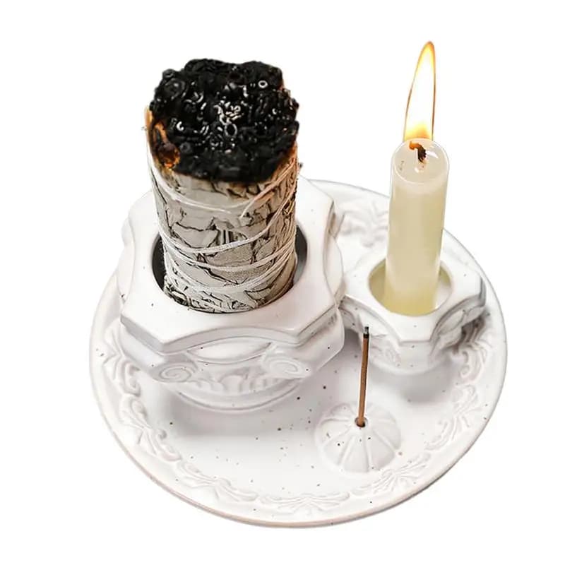 4 In 1 Ceramic Incense Burner Holder Santo Holder Multifunction Candle Santo Burner for Burning Ceramic Ash Catcher Tray