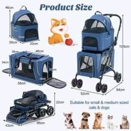 GOFLAME Double-Layer Pet Stroller Pushchair 3-in-1 Folding Dog Cat Walk Travel Carrier