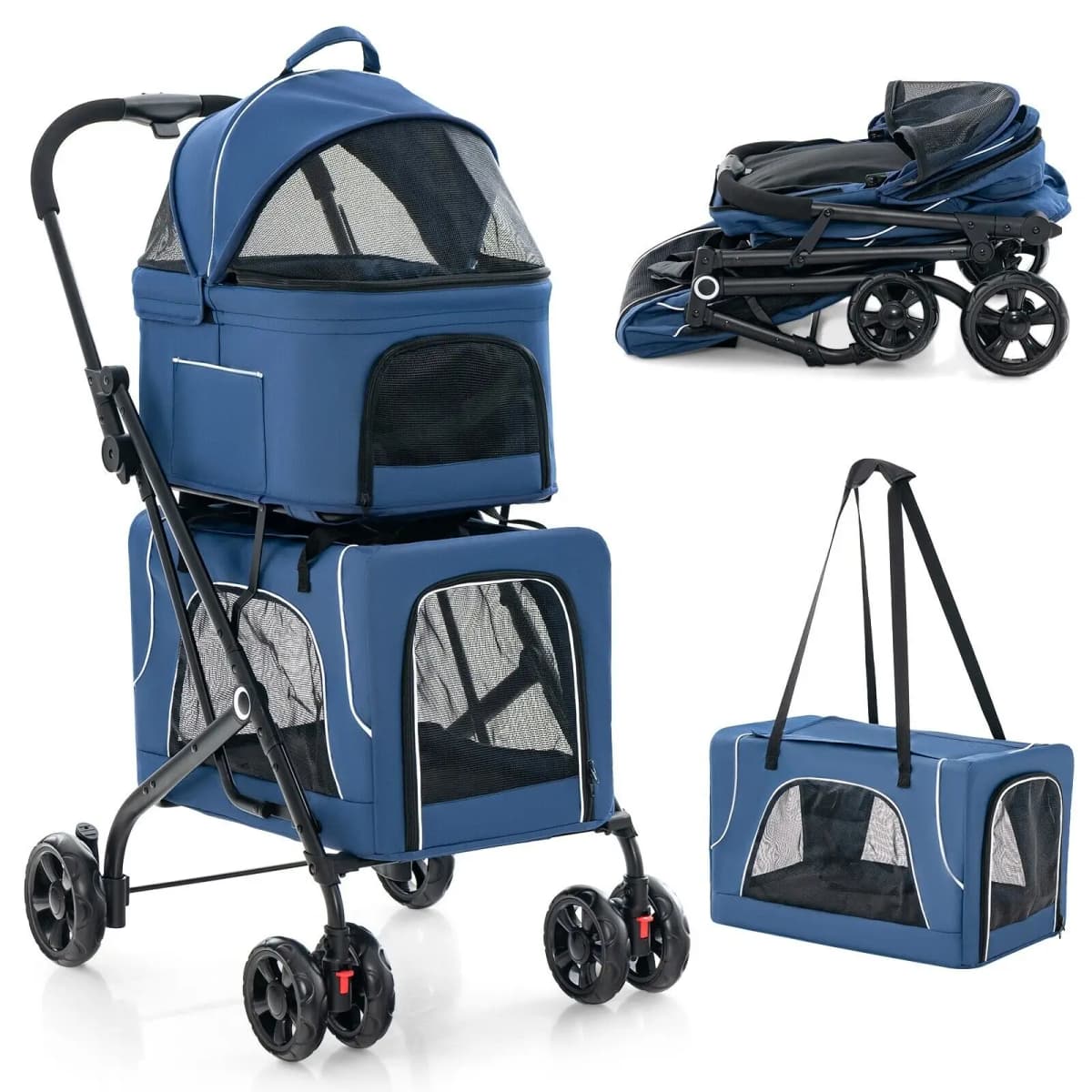GOFLAME Double-Layer Pet Stroller Pushchair 3-in-1 Folding Dog Cat Walk Travel Carrier